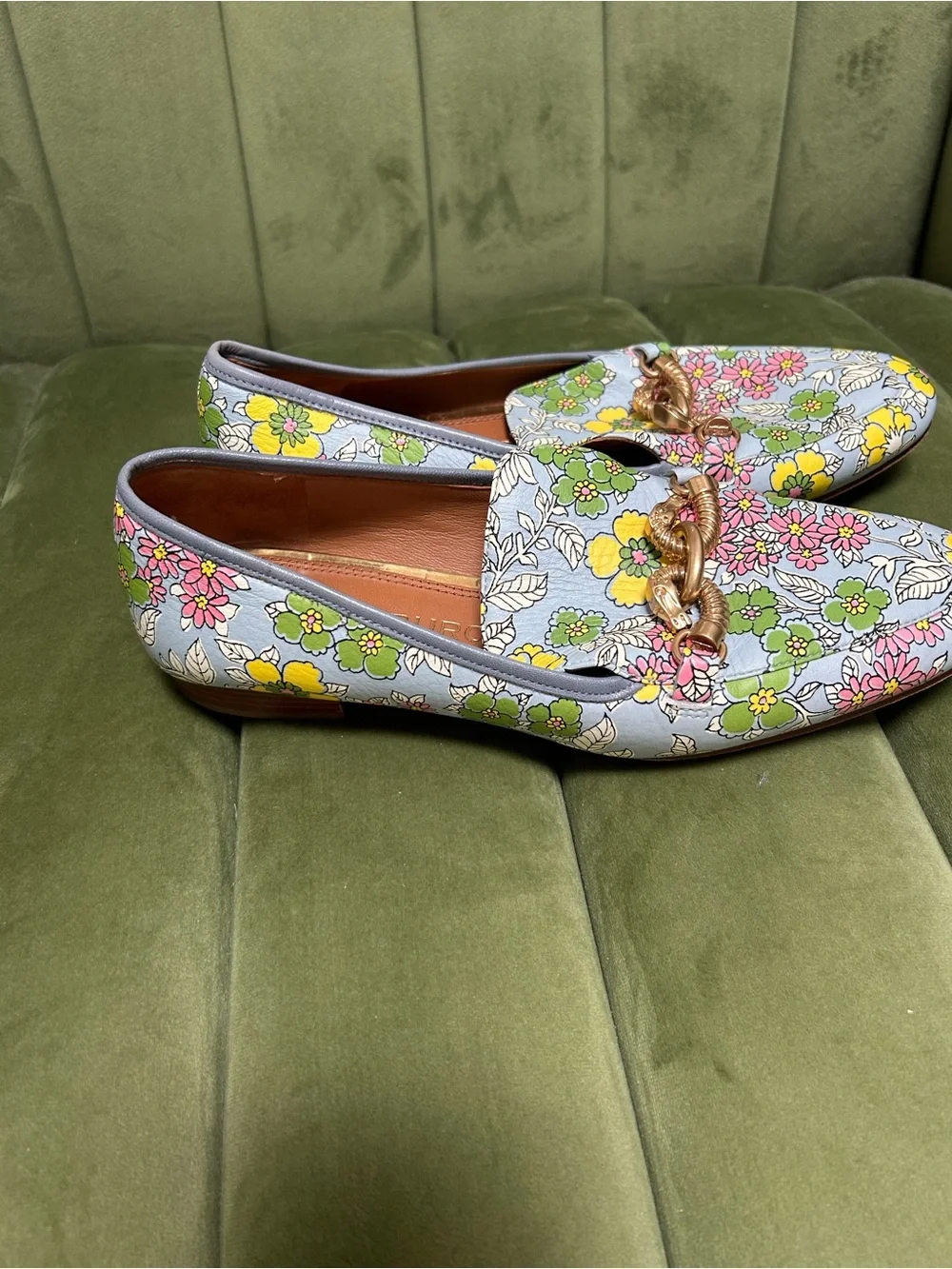 Tory Burch Floral Chain-Trim Loafers in Light Blue with Yellow, Pink & Green - Picture 2 of 4